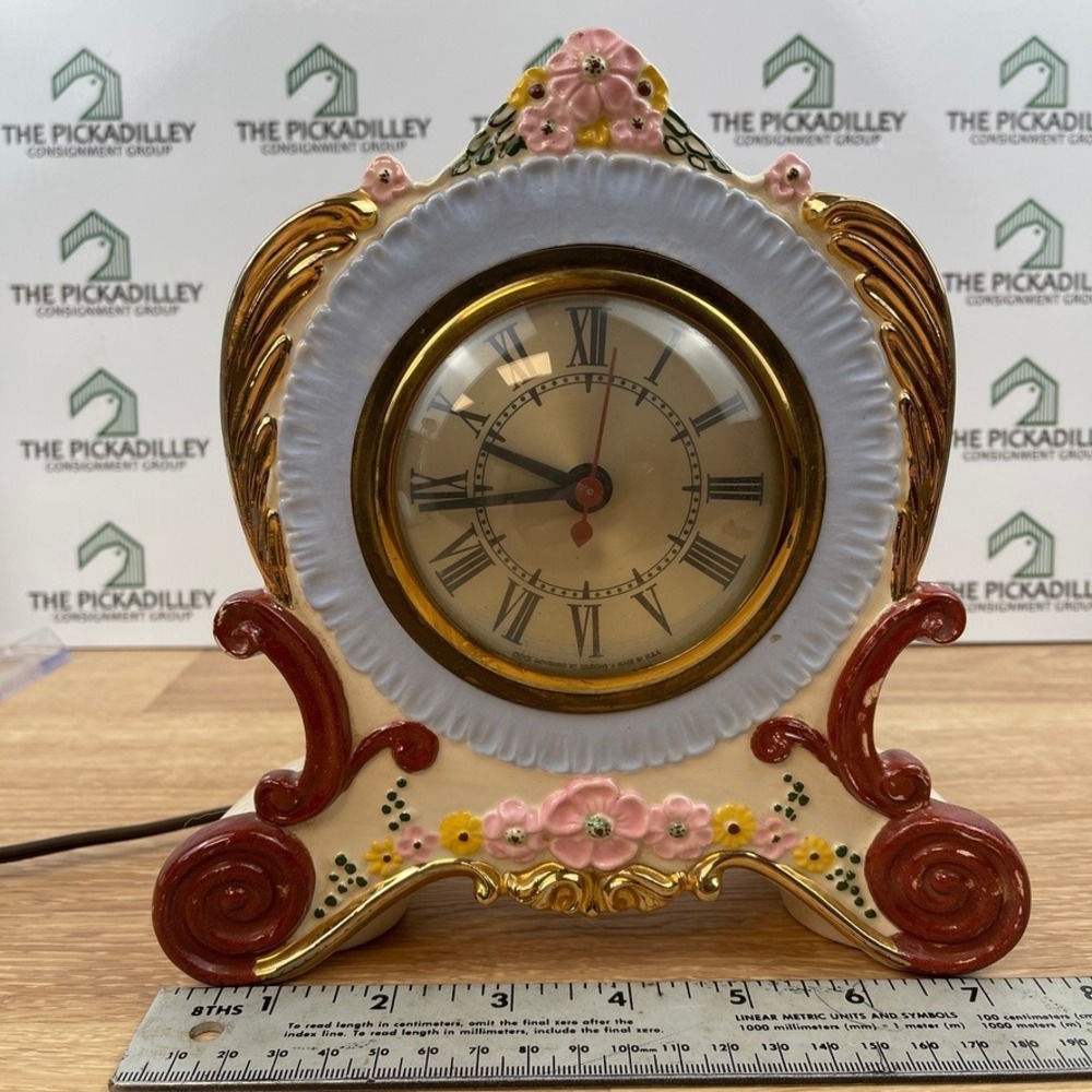 Vintage 1957 Sessions Ceramic Floral Mantel Clock Gold Trim Electric Cream 7.5in